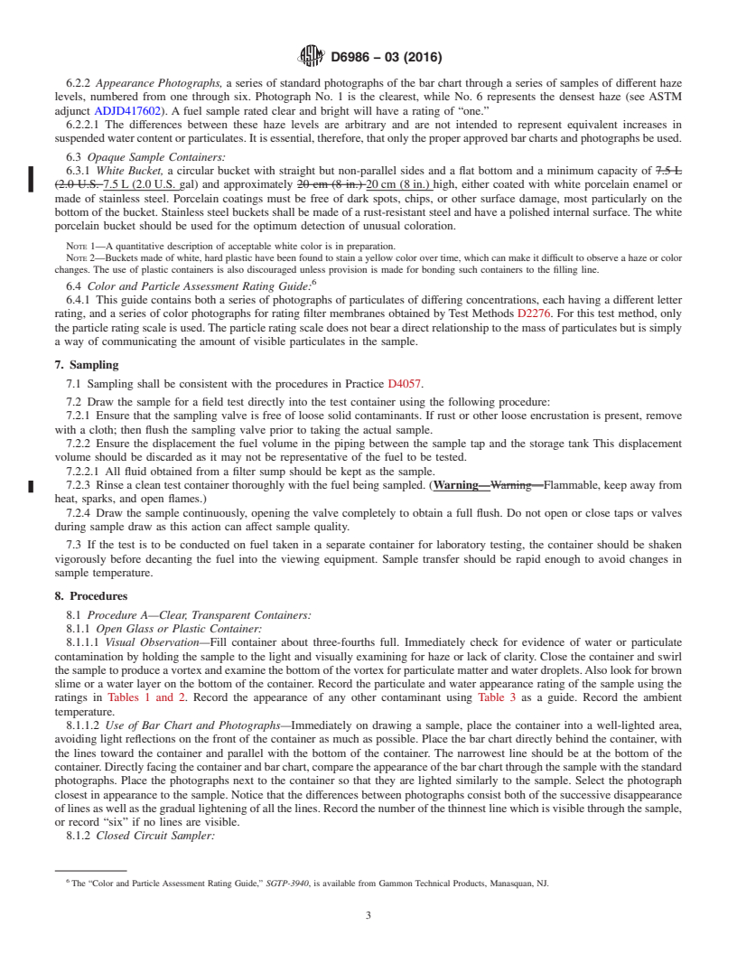 REDLINE ASTM D6986-03(2016) - Standard Test Method for  Free Water, Particulate and Other Contamination in Aviation  Fuels (Visual Inspection Procedures)