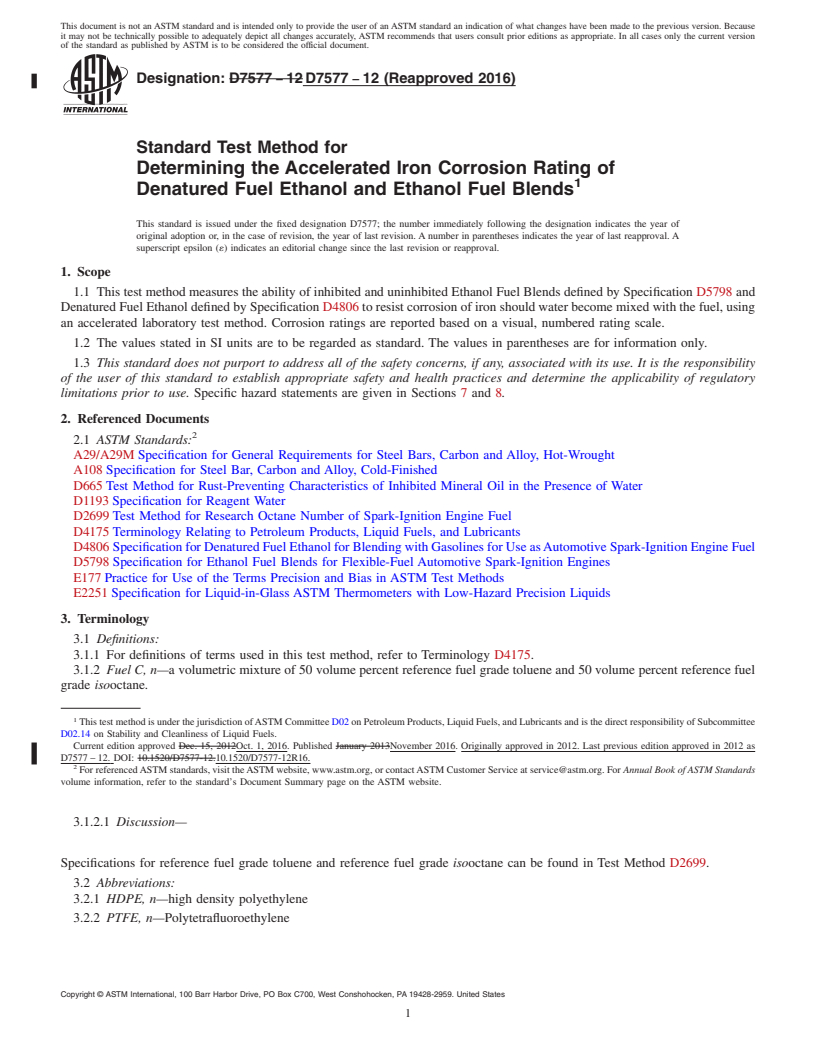 REDLINE ASTM D7577-12(2016) - Standard Test Method for Determining the Accelerated Iron Corrosion Rating of Denatured  Fuel Ethanol and Ethanol Fuel Blends