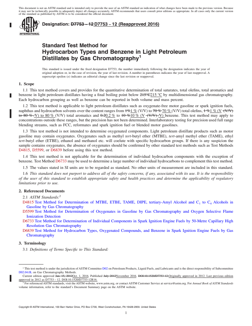 REDLINE ASTM D7753-12(2016) - Standard Test Method for  Hydrocarbon Types and Benzene in Light Petroleum Distillates  by Gas Chromatography