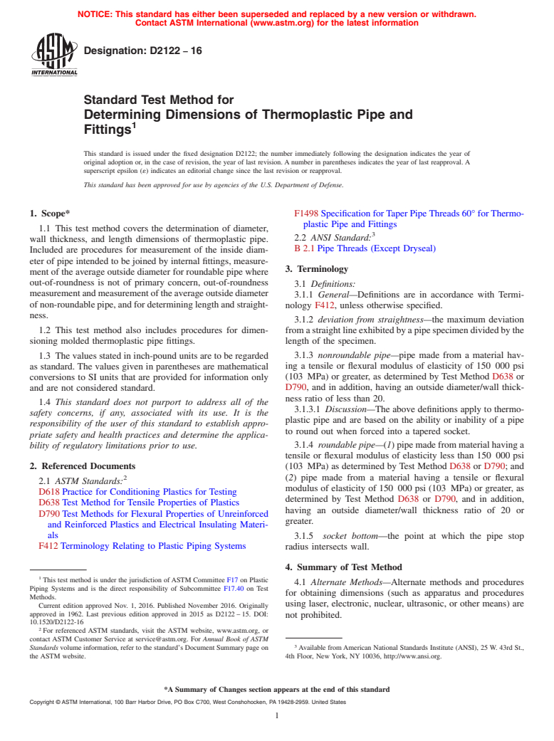 ASTM D2122-16 - Standard Test Method for  Determining Dimensions of Thermoplastic Pipe and Fittings