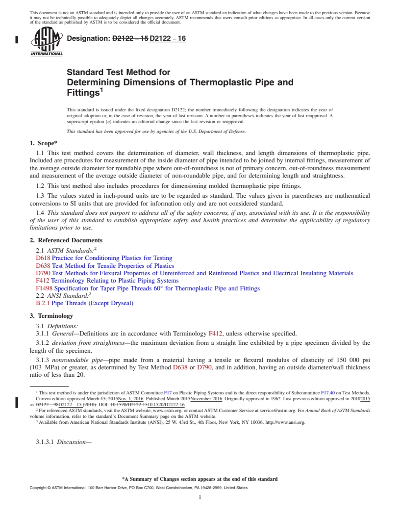 REDLINE ASTM D2122-16 - Standard Test Method for  Determining Dimensions of Thermoplastic Pipe and Fittings