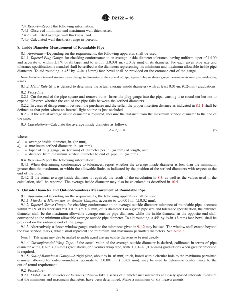 REDLINE ASTM D2122-16 - Standard Test Method for  Determining Dimensions of Thermoplastic Pipe and Fittings