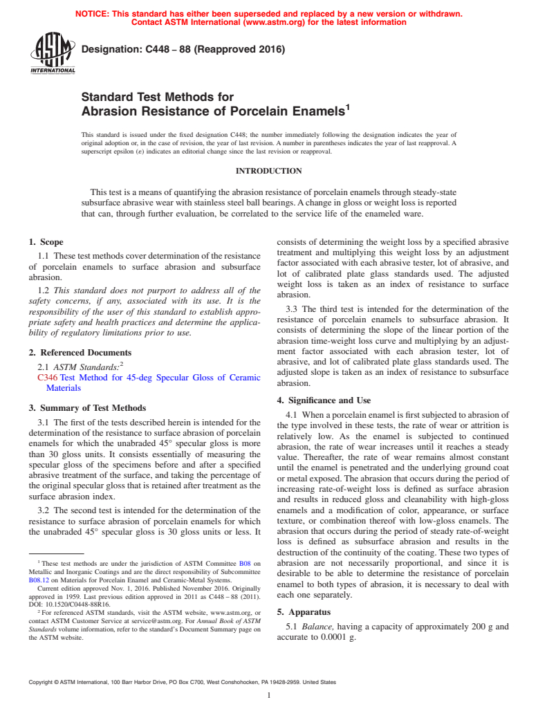 ASTM C448-88(2016) - Standard Test Methods for  Abrasion Resistance of Porcelain Enamels