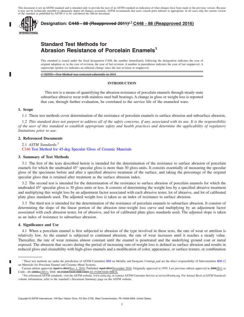 REDLINE ASTM C448-88(2016) - Standard Test Methods for  Abrasion Resistance of Porcelain Enamels
