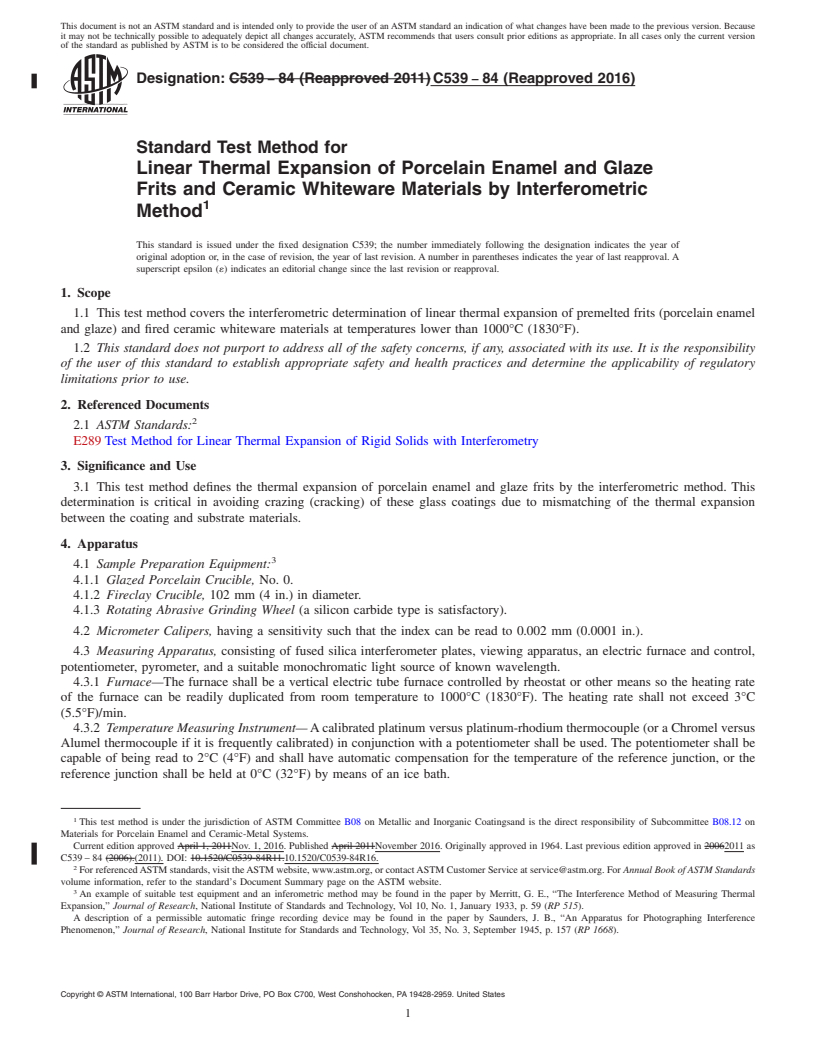 REDLINE ASTM C539-84(2016) - Standard Test Method for  Linear Thermal Expansion of Porcelain Enamel and Glaze Frits   and Ceramic Whiteware Materials by Interferometric Method