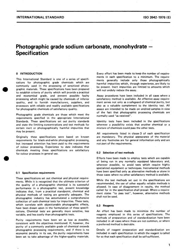 ISO 3942:1976 - Photographic grade sodium carbonate, monohydrate -- Specification