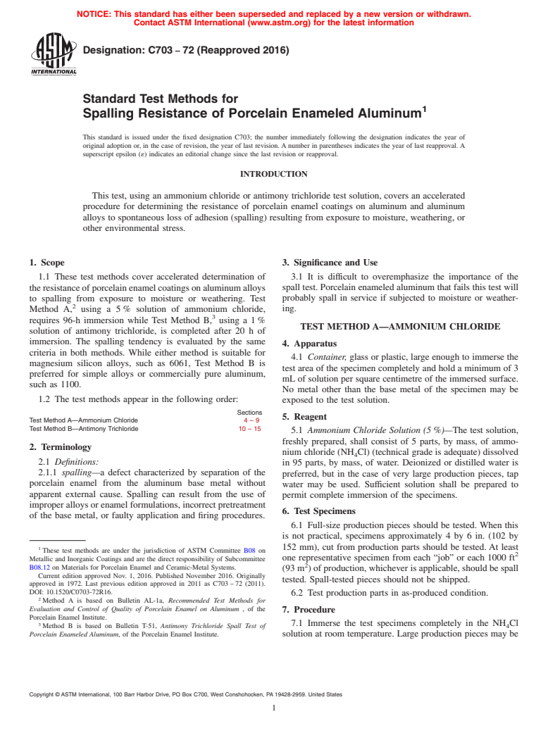 ASTM C703-72(2016) - Standard Test Methods for  Spalling Resistance of Porcelain Enameled Aluminum