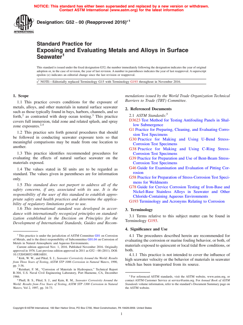 ASTM G52-00(2016)e1 - Standard Practice for  Exposing and Evaluating Metals and Alloys in Surface Seawater