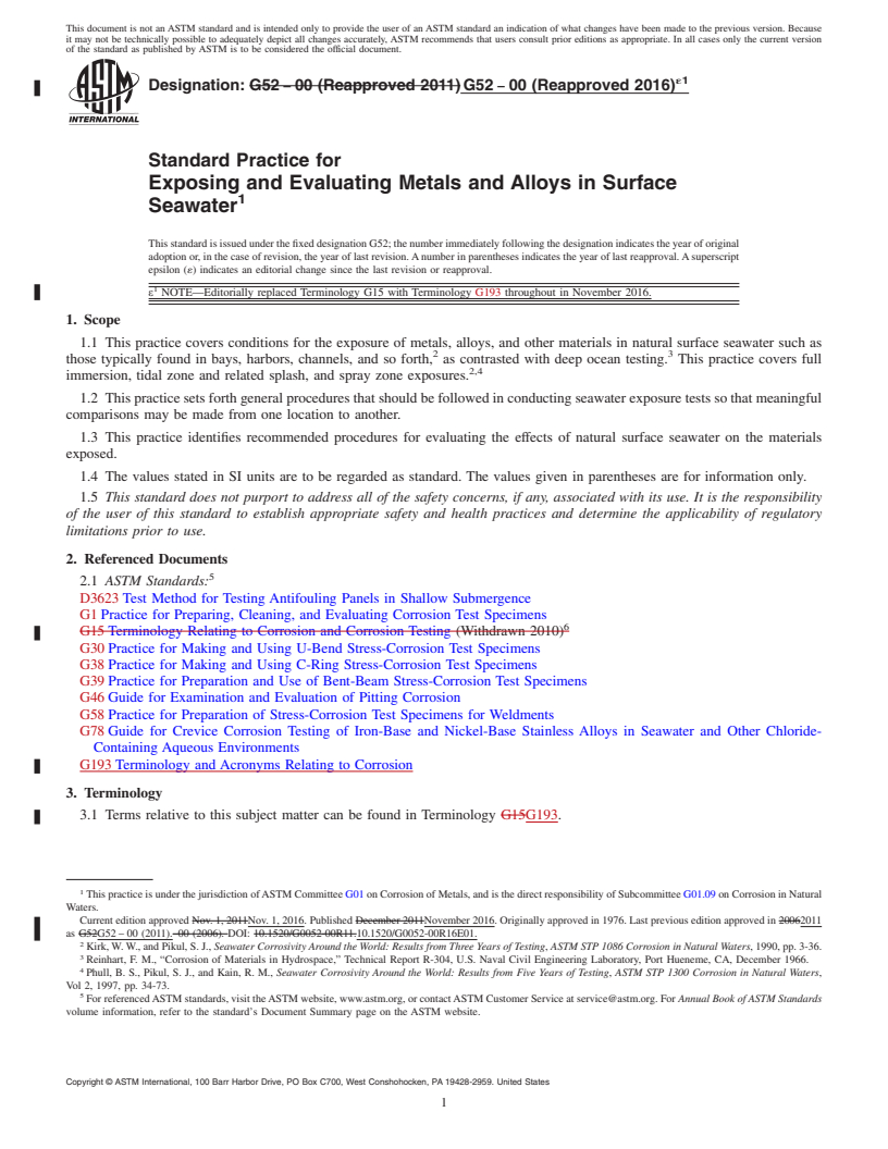 REDLINE ASTM G52-00(2016)e1 - Standard Practice for  Exposing and Evaluating Metals and Alloys in Surface Seawater