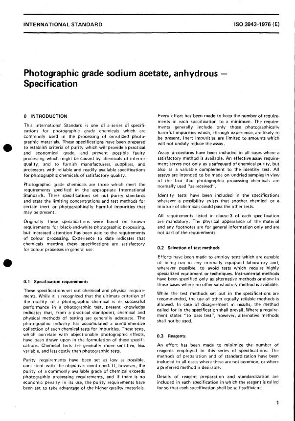 ISO 3943:1976 - Photographic grade sodium acetate, anhydrous -- Specification