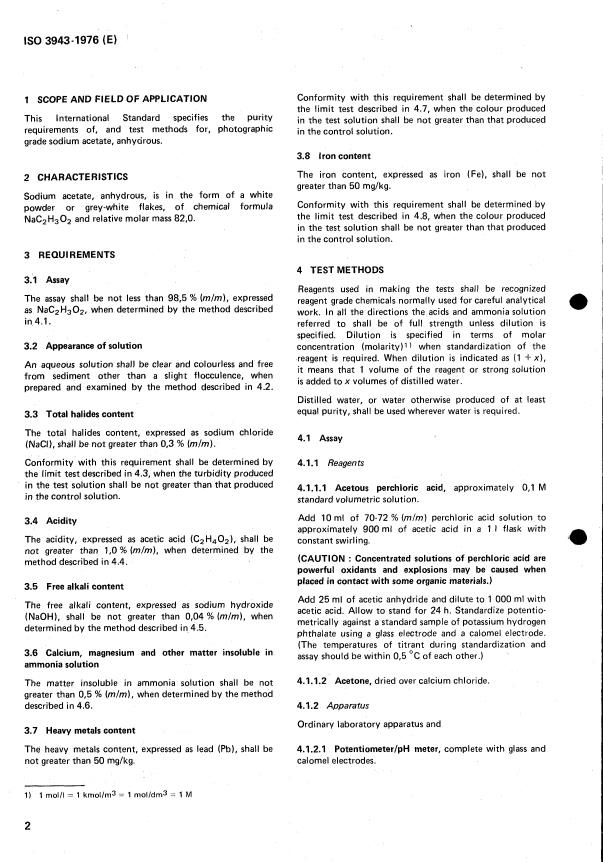 ISO 3943:1976 ISO 3943:1976 - Photographic grade sodium acetate, anhydrous -- Specification - Page 4 preview