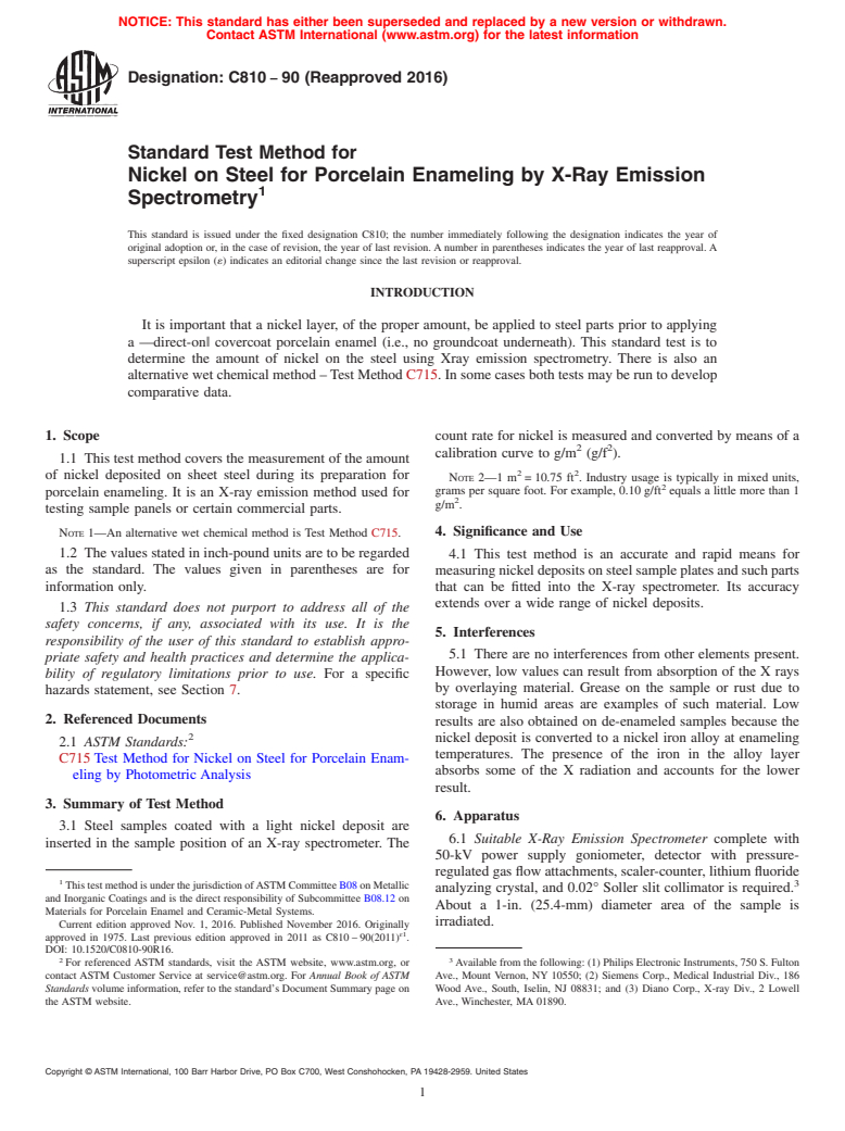 ASTM C810-90(2016) - Standard Test Method for  Nickel on Steel for Porcelain Enameling by X-Ray Emission Spectrometry (Withdrawn 2021)