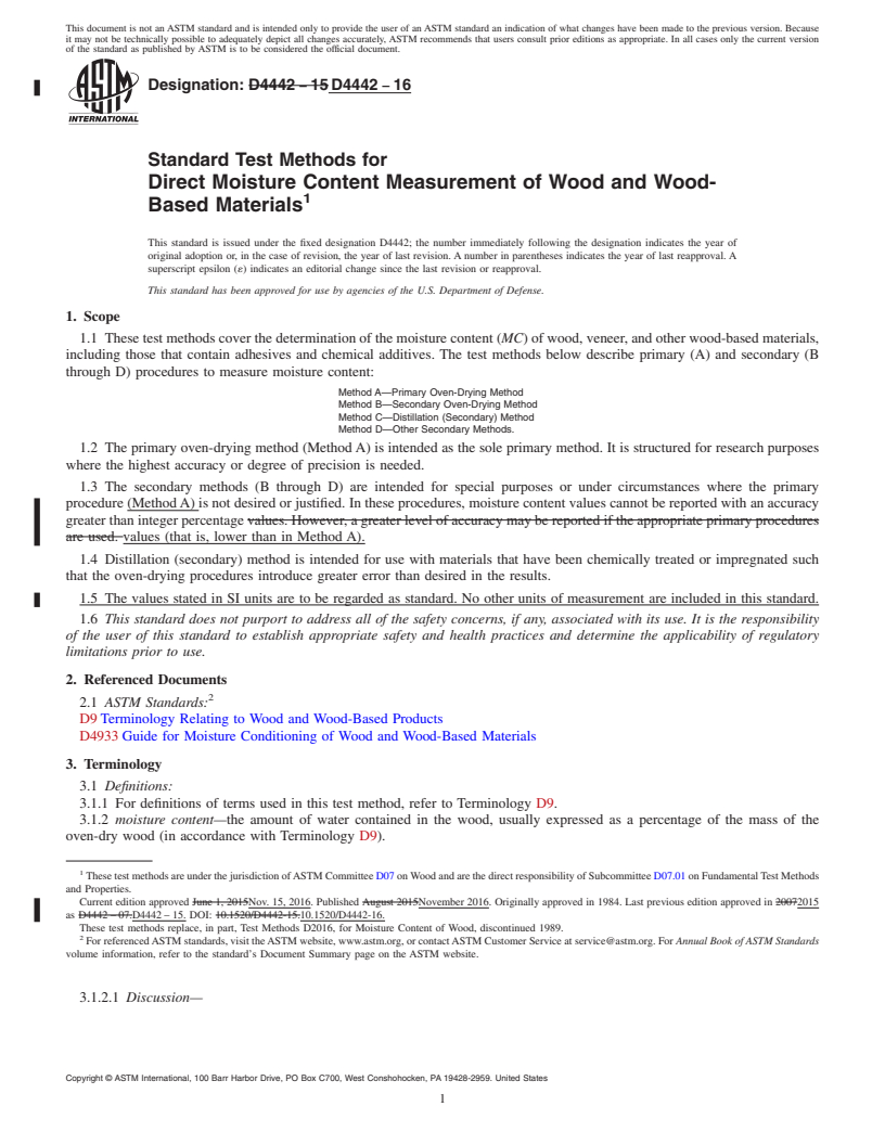 REDLINE ASTM D4442-16 - Standard Test Methods for  Direct Moisture Content Measurement of Wood and Wood-Based  Materials