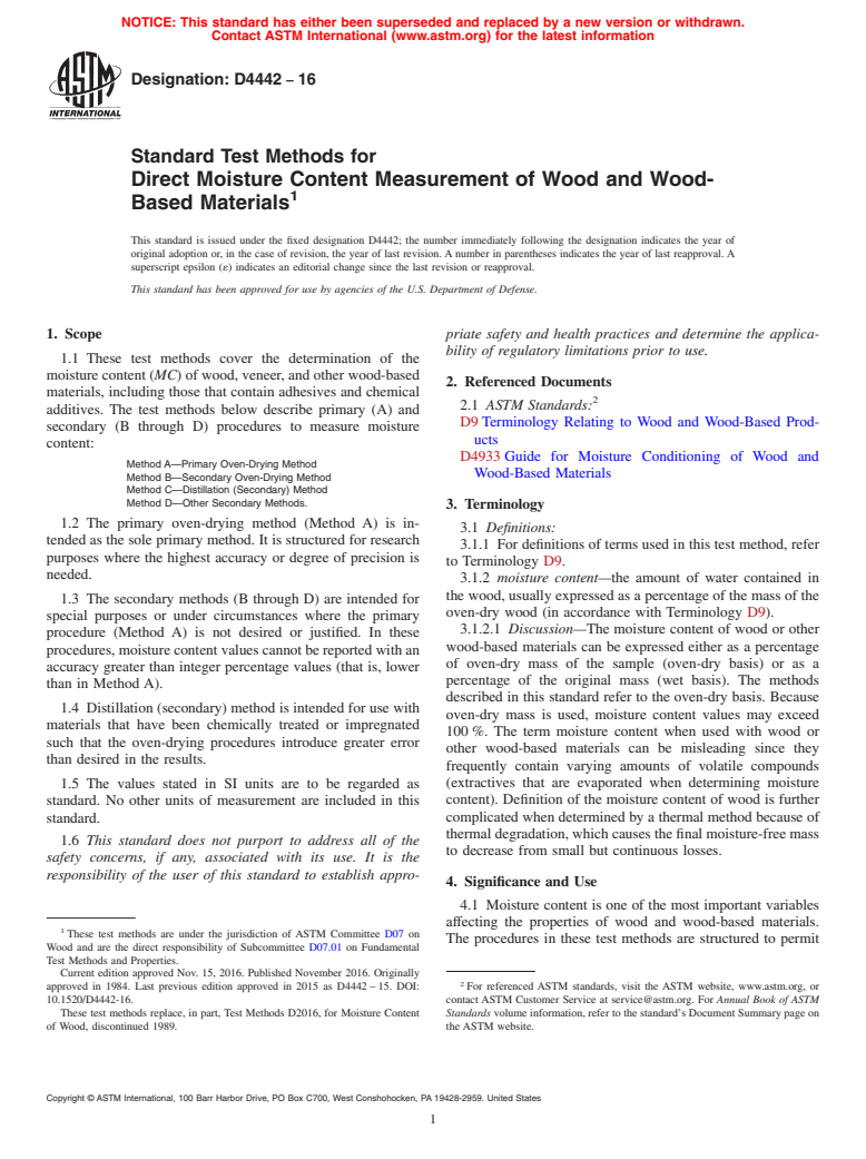 ASTM D4442-16 - Standard Test Methods for  Direct Moisture Content Measurement of Wood and Wood-Based  Materials