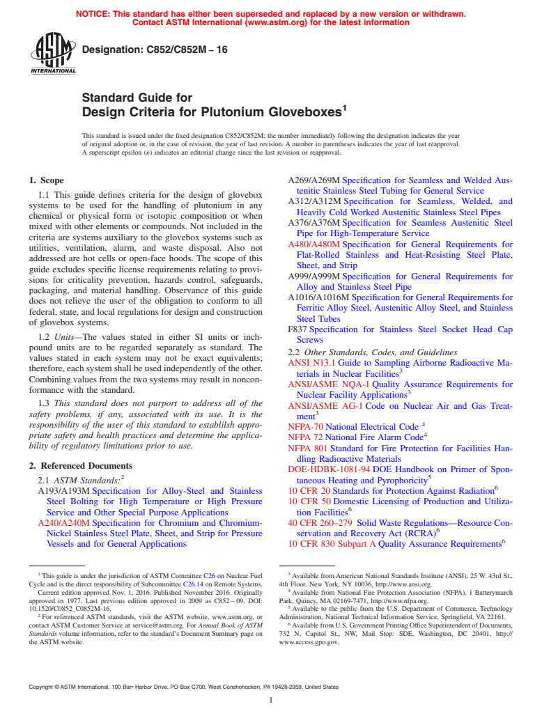 ASTM C852/C852M-16 - Standard Guide for  Design Criteria for Plutonium Gloveboxes