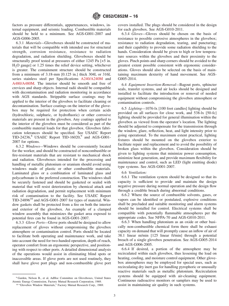 ASTM C852/C852M-16 - Standard Guide for  Design Criteria for Plutonium Gloveboxes