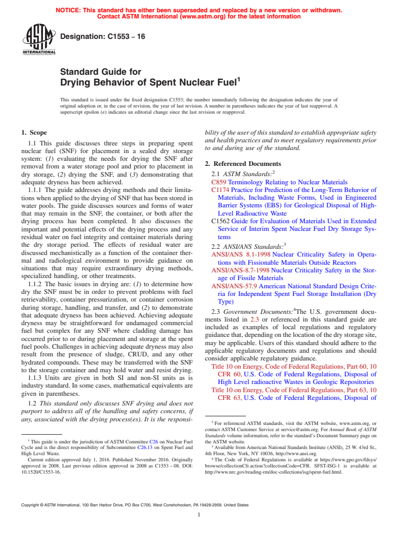 ASTM C1553-16 - Standard Guide for  Drying Behavior of Spent Nuclear Fuel