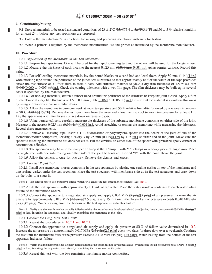 REDLINE ASTM C1306/C1306M-08(2016)e1 - Standard Test Method for  Hydrostatic Pressure Resistance of a Liquid-Applied Waterproofing  Membrane