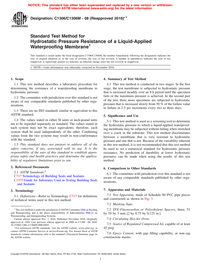 ASTM C1306/C1306M-08(2016)e1 - Standard Test Method for  Hydrostatic Pressure Resistance of a Liquid-Applied Waterproofing  Membrane