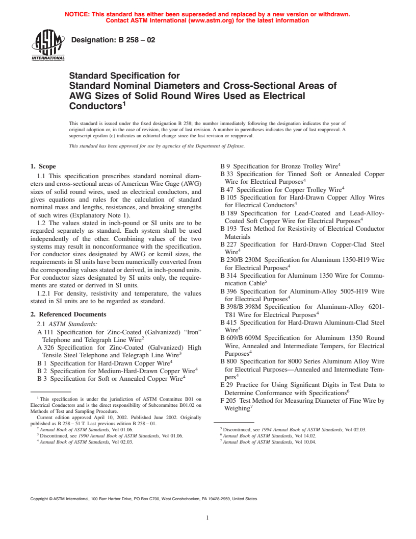 ASTM B258-02 - Standard Specification for Standard Nominal Diameters and Cross-Sectional Areas of AWG Sizes of Solid Round Wires Used as Electrical Conductors