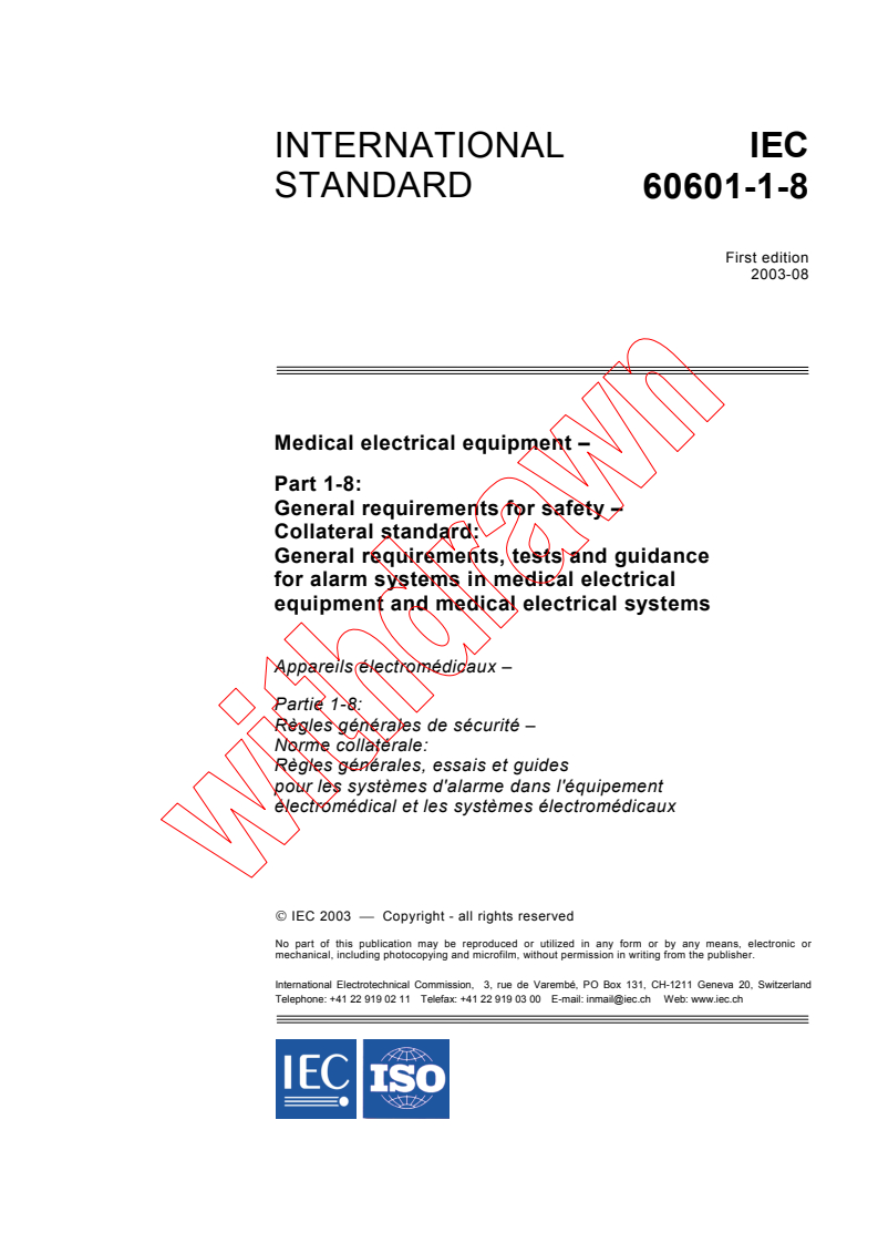 IEC 60601-1-8:2003 - Medical electrical equipment - Part 1-8: General requirements for safety - Collateral Standard: General requirements, tests and guidance for alarm systems in medical electrical equipment and medical electrical systems
Released:8/14/2003
Isbn:2831871476