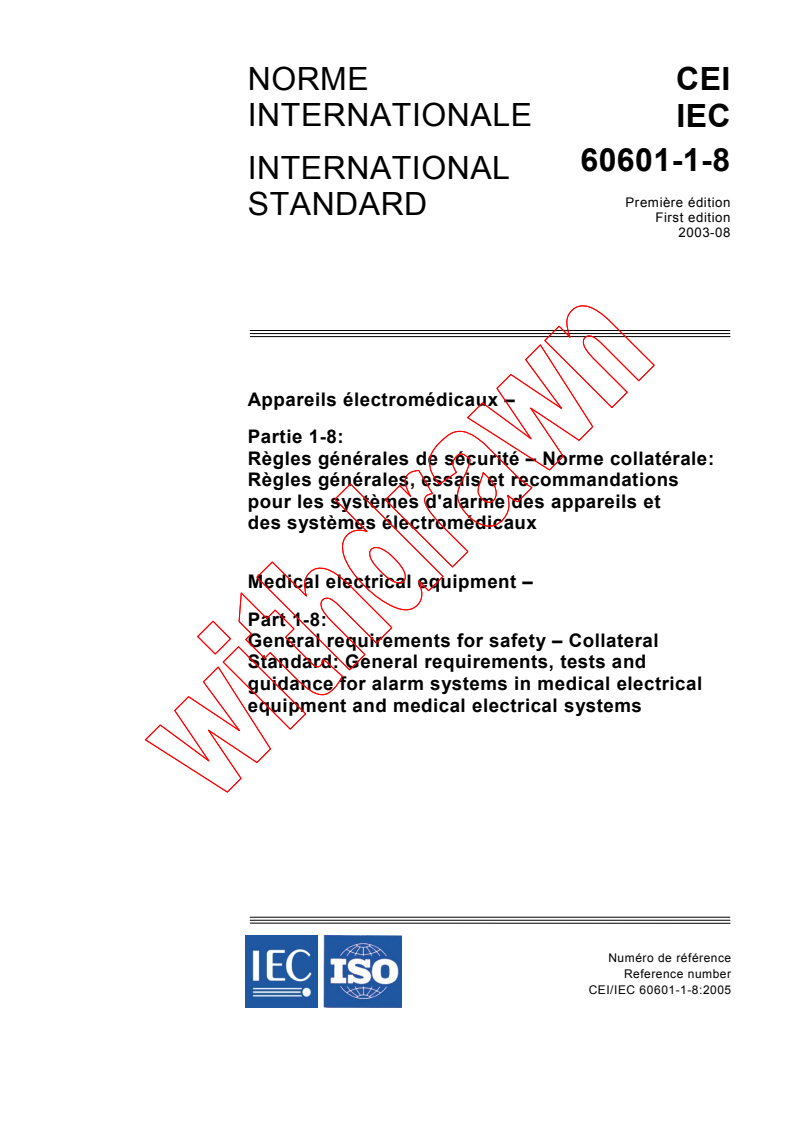 IEC 60601-1-8:2003 - Medical electrical equipment - Part 1-8: General requirements for safety - Collateral Standard: General requirements, tests and guidance for alarm systems in medical electrical equipment and medical electrical systems
Released:8/14/2003
Isbn:2831881722