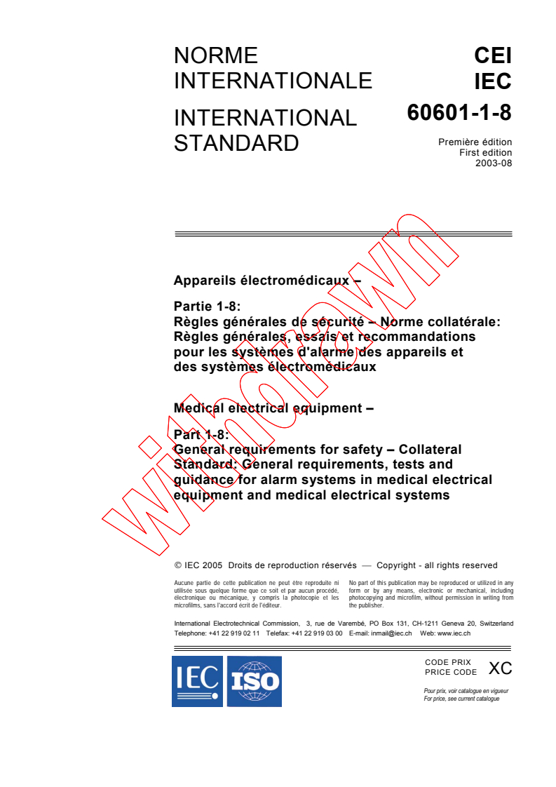 IEC 60601-1-8:2003 - Medical electrical equipment - Part 1-8: General requirements for safety - Collateral Standard: General requirements, tests and guidance for alarm systems in medical electrical equipment and medical electrical systems
Released:8/14/2003
Isbn:2831881722