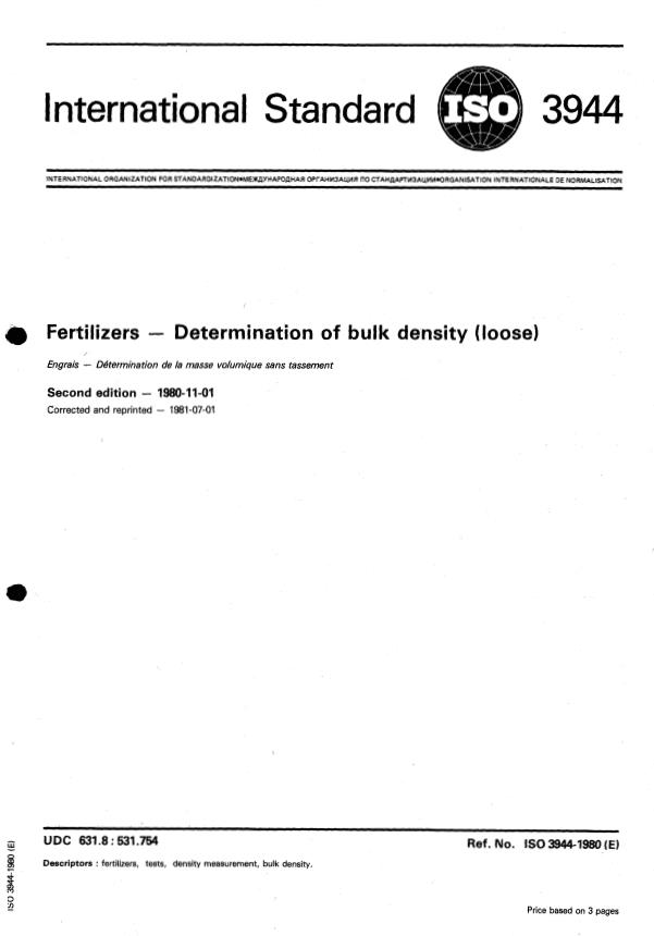 ISO 3944:1980 - Fertilizers -- Determination of bulk density (loose)