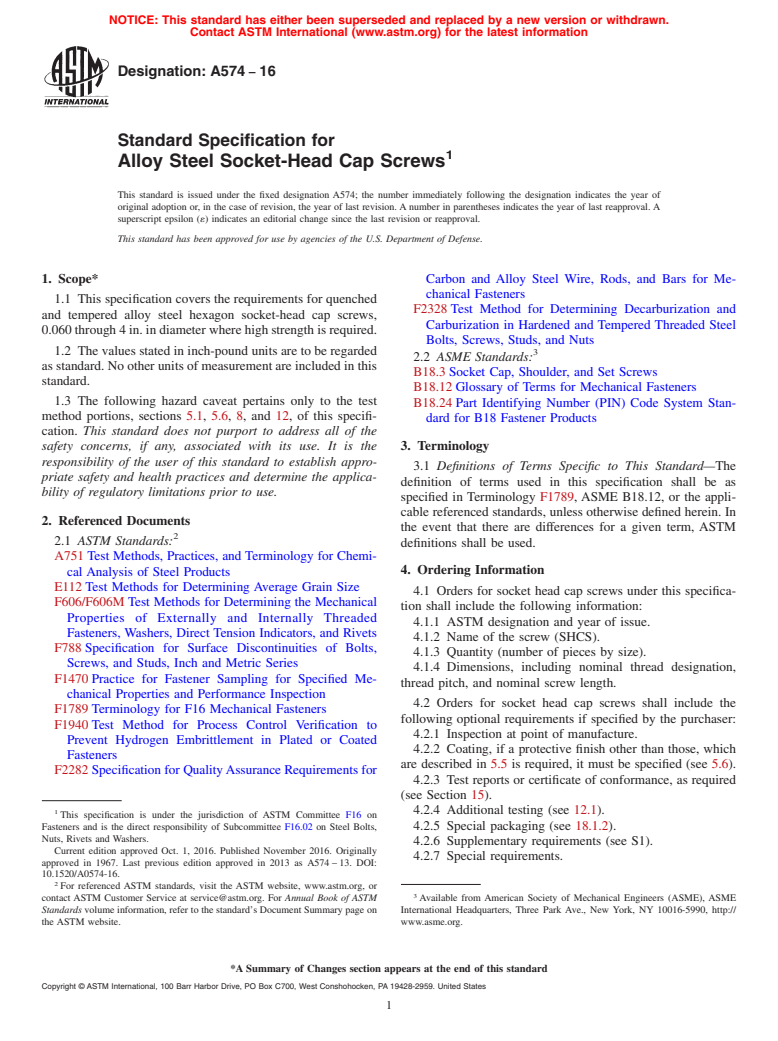 ASTM A574-16 - Standard Specification for  Alloy Steel Socket-Head Cap Screws