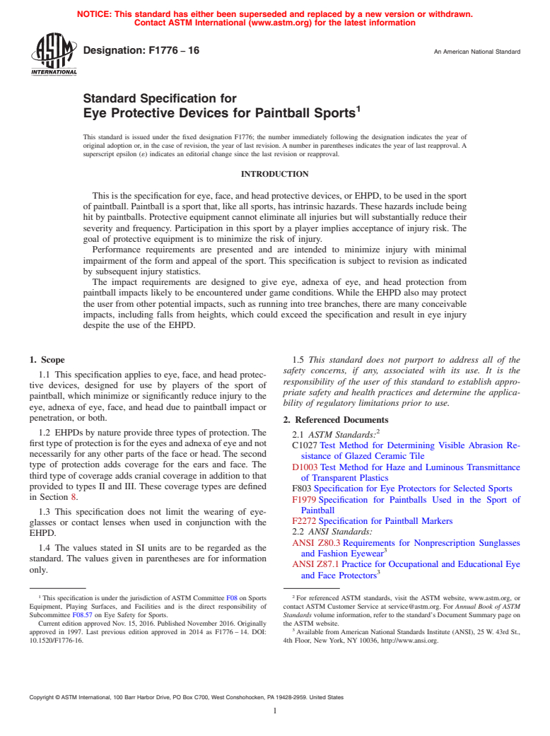 ASTM F1776-16 - Standard Specification for Eye Protective Devices for Paintball Sports