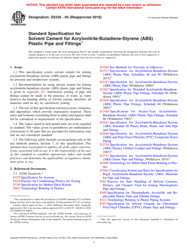 ASTM D2235-04(2016) - Standard Specification for  Solvent Cement for Acrylonitrile-Butadiene-Styrene (ABS) Plastic   Pipe and Fittings