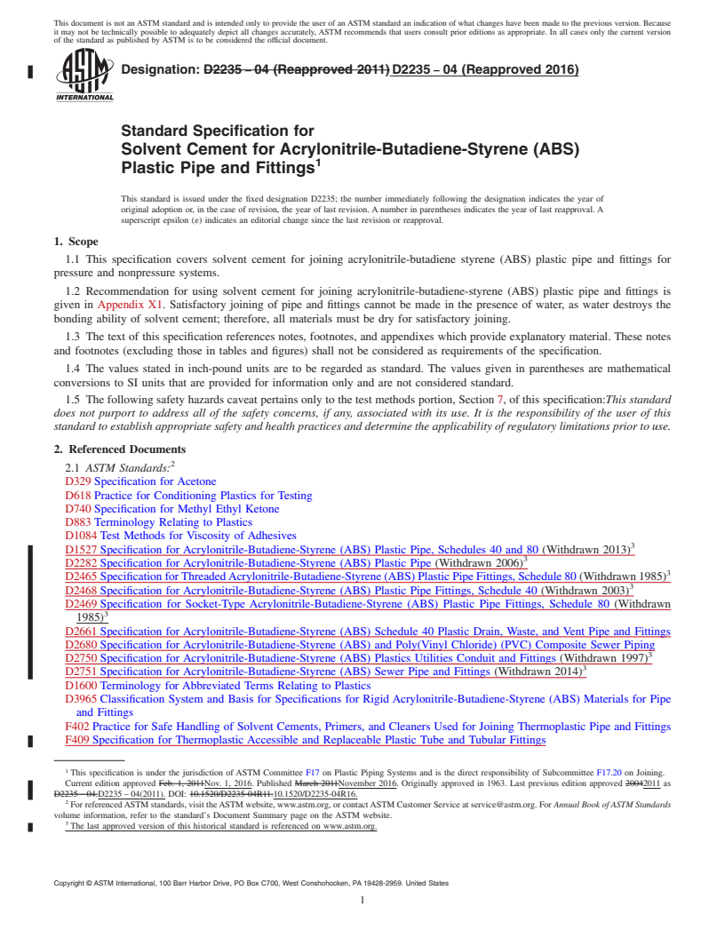 REDLINE ASTM D2235-04(2016) - Standard Specification for  Solvent Cement for Acrylonitrile-Butadiene-Styrene (ABS) Plastic   Pipe and Fittings