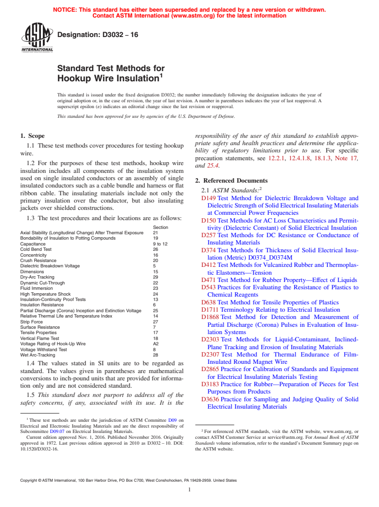 ASTM D3032-16 - Standard Test Methods for  Hookup Wire Insulation