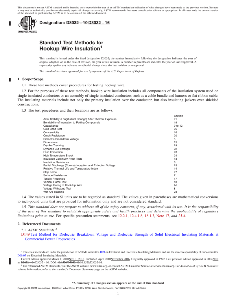 REDLINE ASTM D3032-16 - Standard Test Methods for  Hookup Wire Insulation