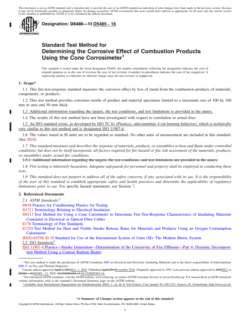 REDLINE ASTM D5485-16 - Standard Test Method for  Determining the Corrosive Effect of Combustion Products Using   the Cone Corrosimeter