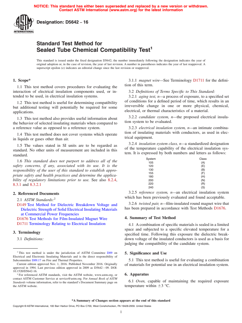 ASTM D5642-16 - Standard Test Method for  Sealed Tube Chemical Compatibility Test