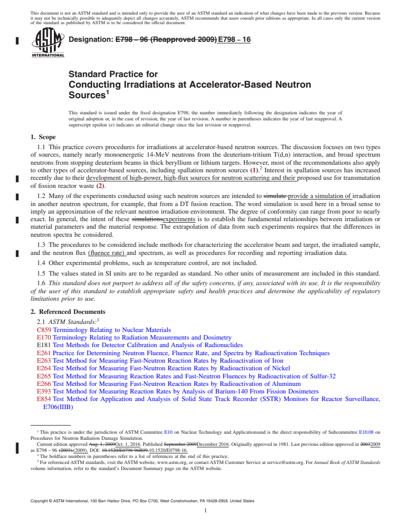 REDLINE ASTM E798-16 - Standard Practice for  Conducting Irradiations at Accelerator-Based Neutron Sources