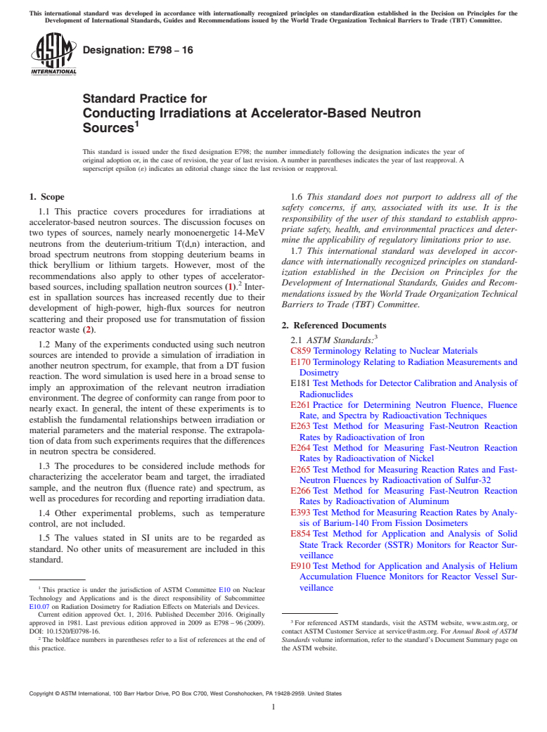 ASTM E798-16 - Standard Practice for  Conducting Irradiations at Accelerator-Based Neutron Sources