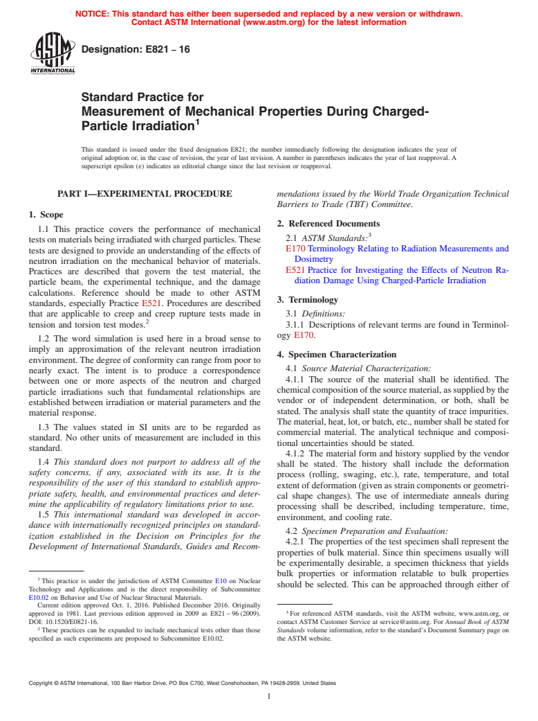 ASTM E821-16 - Standard Practice for  Measurement of Mechanical Properties During Charged-Particle  Irradiation