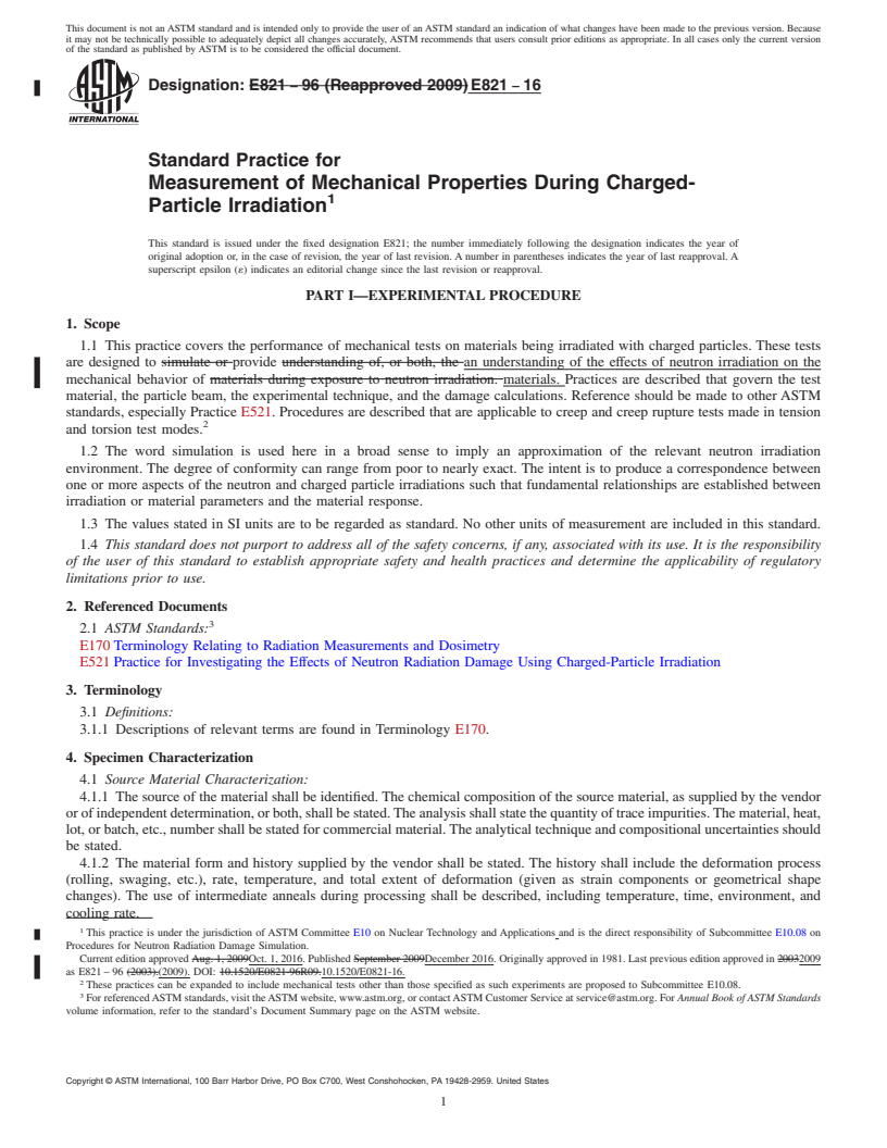 REDLINE ASTM E821-16 - Standard Practice for  Measurement of Mechanical Properties During Charged-Particle  Irradiation