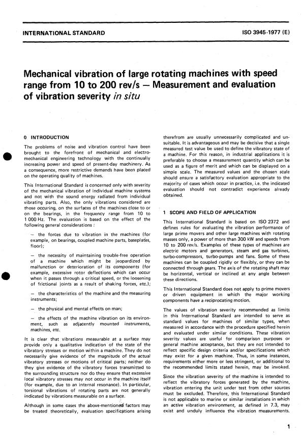 ISO 3945:1977 - Mechanical vibration of large rotating machines with speed range from 10 to 200 rev/s -- Measurement and evaluation of vibration severity in situ