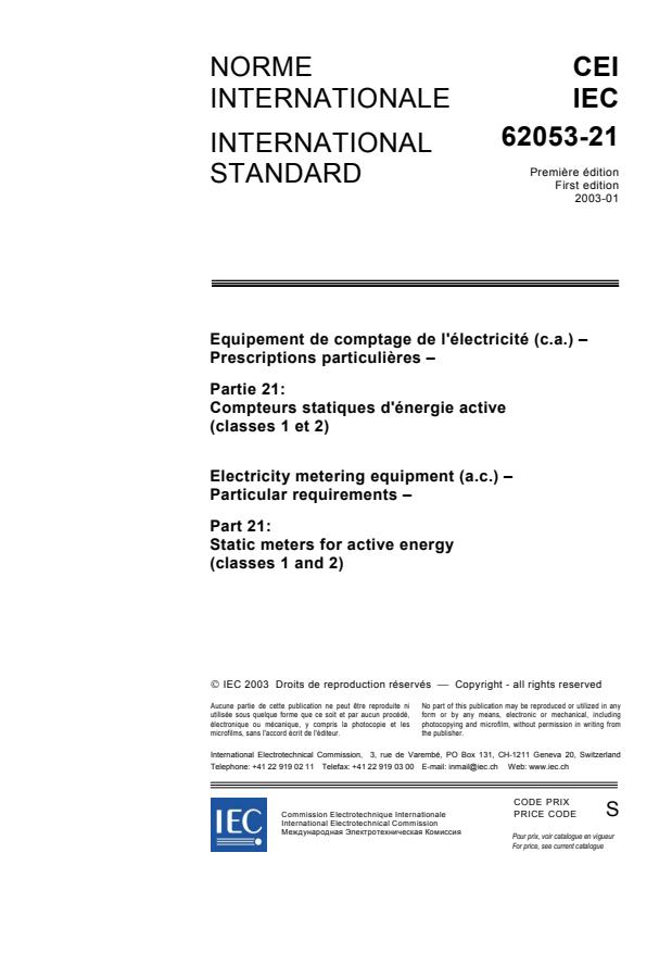 IEC 62053-21:2003 - Electricity metering equipment (a.c.) - Particular requirements - Part 21: Static meters for active energy (classes 1 and 2)