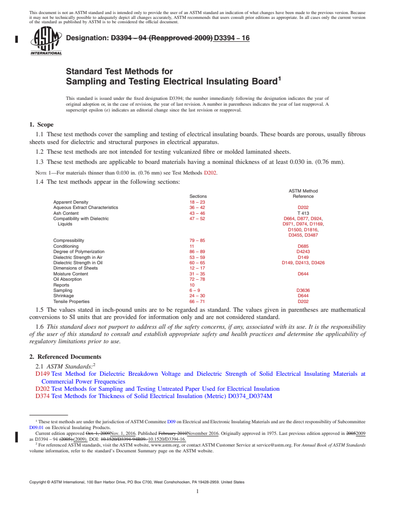 REDLINE ASTM D3394-16 - Standard Test Methods for  Sampling and Testing Electrical Insulating Board