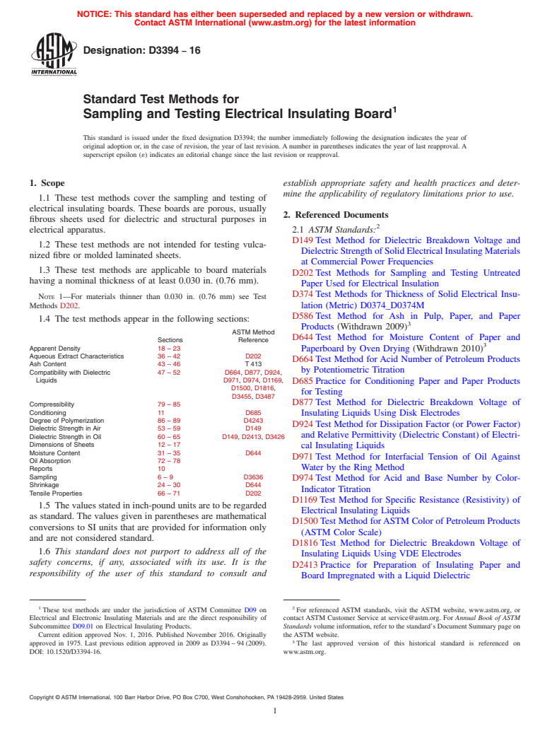 ASTM D3394-16 - Standard Test Methods for  Sampling and Testing Electrical Insulating Board