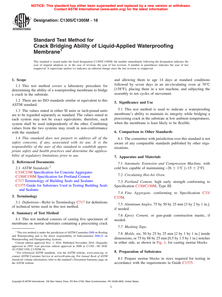 ASTM C1305/C1305M-16 - Standard Test Method for  Crack Bridging Ability of Liquid-Applied Waterproofing Membrane