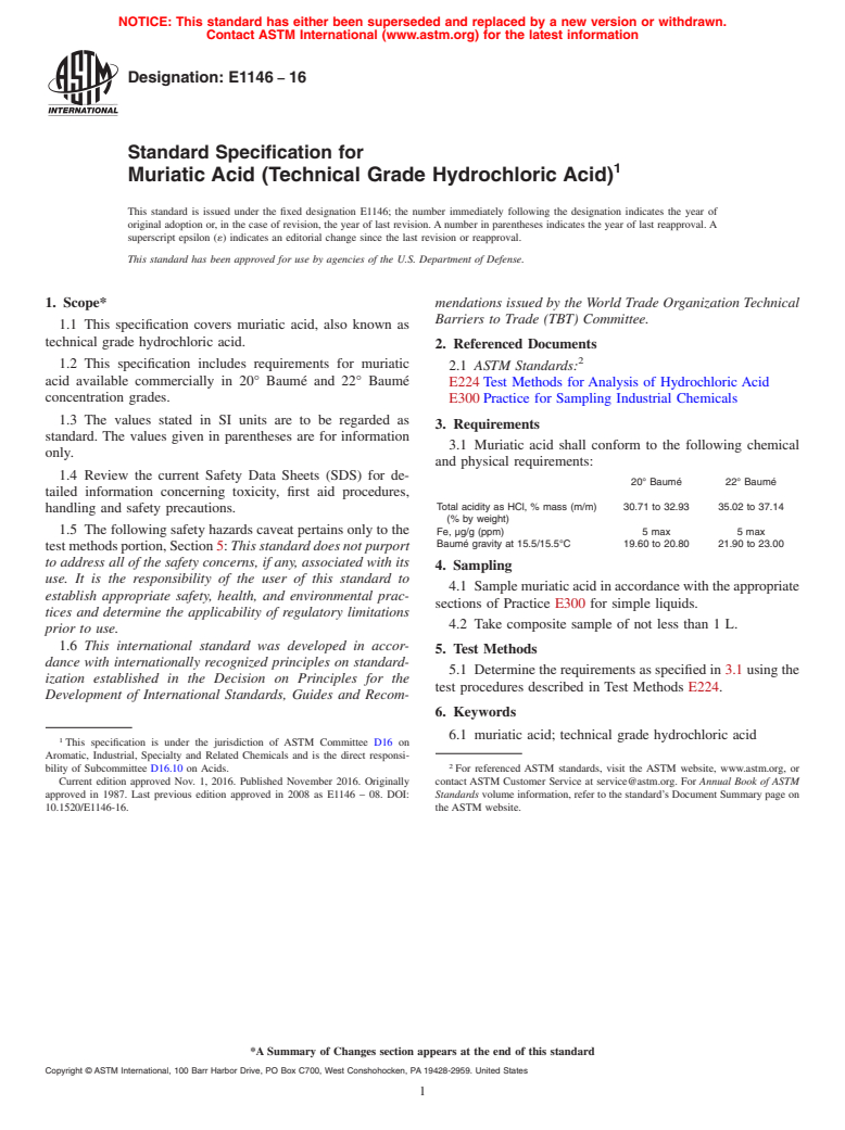 ASTM E1146-16 - Standard Specification for Muriatic Acid (Technical Grade Hydrochloric Acid)