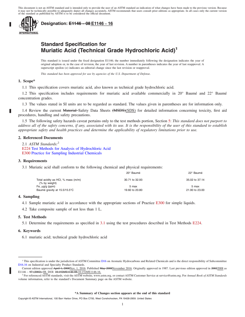 REDLINE ASTM E1146-16 - Standard Specification for Muriatic Acid (Technical Grade Hydrochloric Acid)