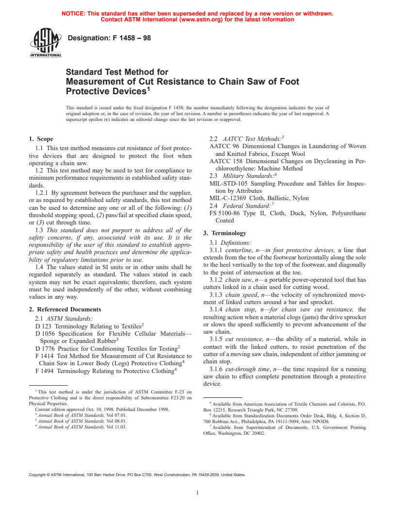 ASTM F1458-98 - Standard Test Method for Measurement of Cut Resistance to Chain Saw of Foot Protective Devices