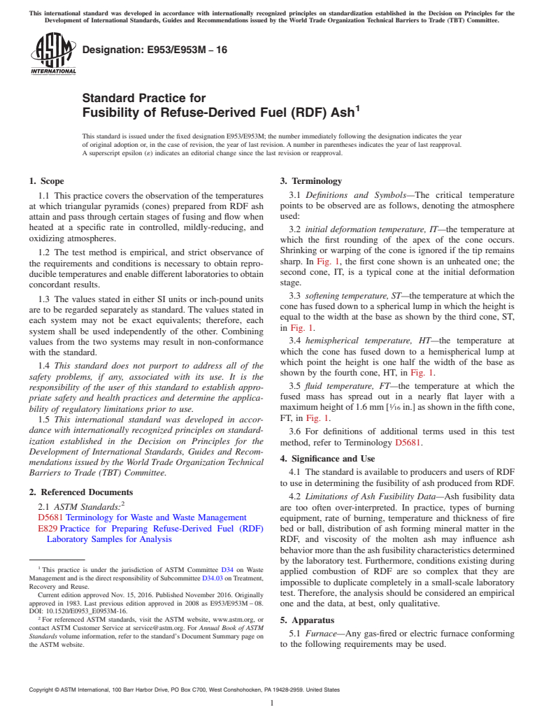 ASTM E953/E953M-16 - Standard Practice for  Fusibility of Refuse-Derived Fuel (RDF) Ash