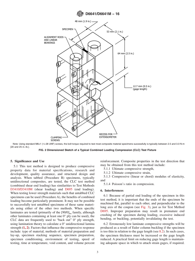 ASTM D6641/D6641M-16 - Standard Test Method for  Compressive Properties of Polymer Matrix Composite Materials  Using a Combined Loading Compression (CLC) Test Fixture